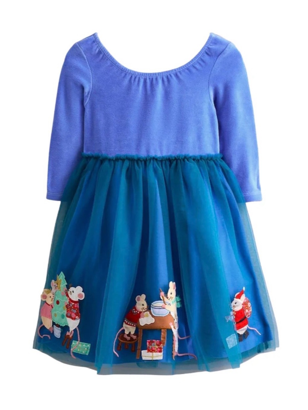 MINI BODEN GIRL'S VELVET TULLE APPLIQUE DRESS IN BLUEJAY FESTIVE MICE